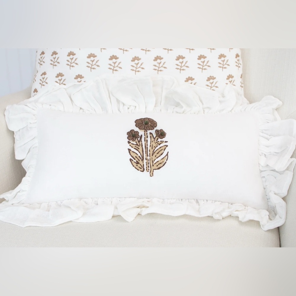 White boutique cottage Ruffled Pillow with Brown Floral Design